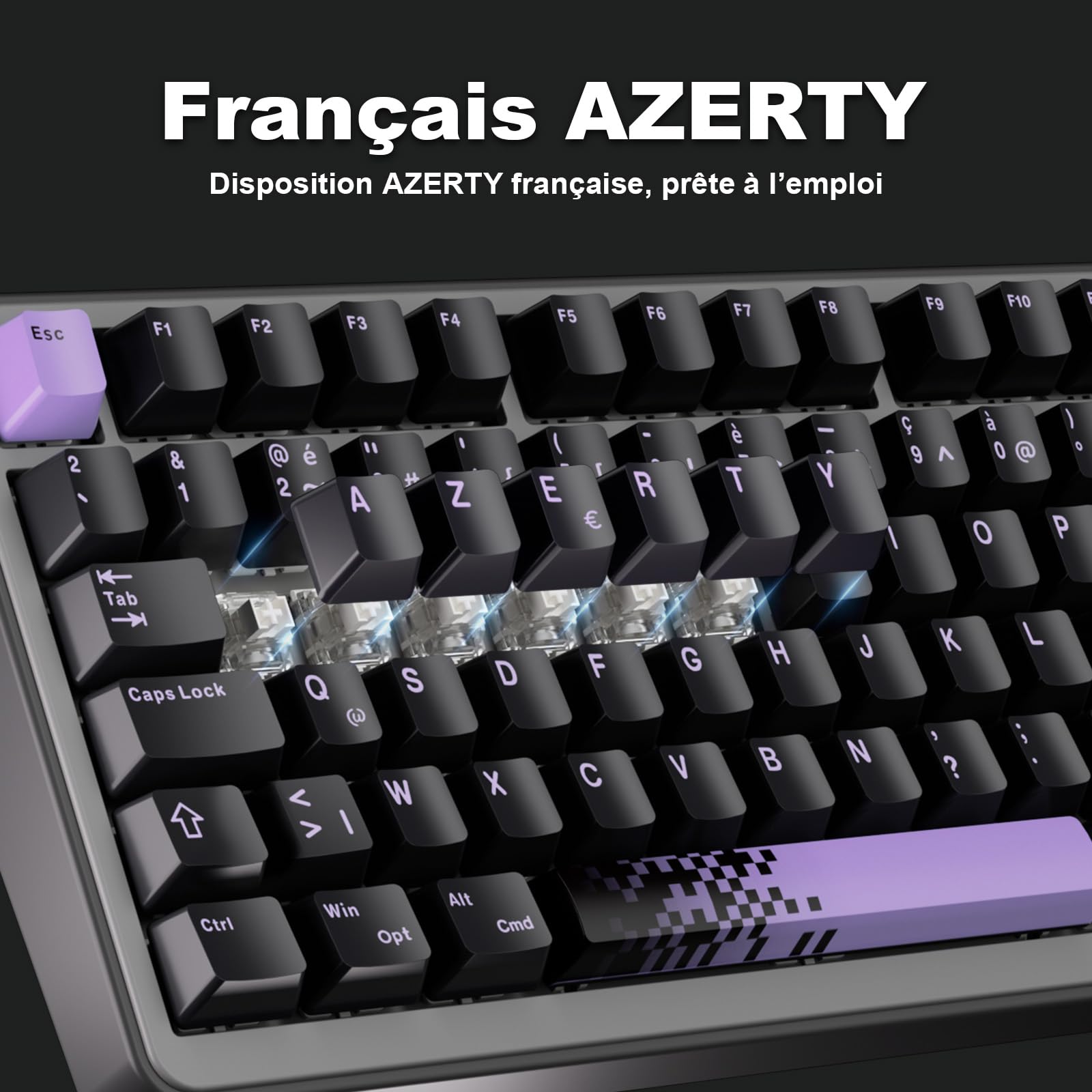 YUNZII B75 Pro ISO FR & DE Clavier Gamer sans Fil (Noir Violet, Milk V2) | AZERTY Français & QWERTZ 75% Disposition avec Bouton, 2.4 Ghz/Bluetooth/Filaire Gasket Mounted, Hotswap, RGB, Windows/Mac