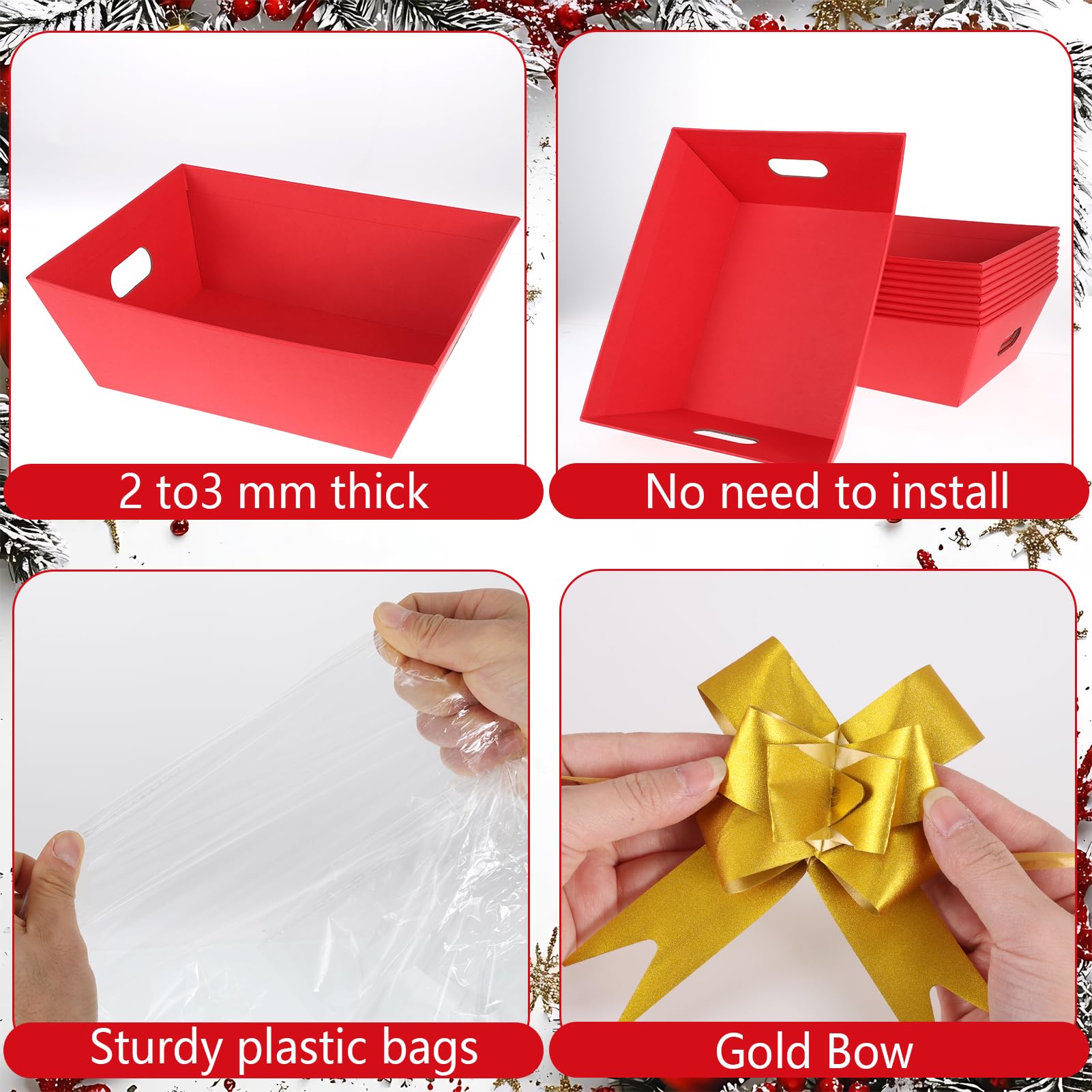 Lot de 10 paniers cadeaux vides en papier kraft épais avec 10 nœuds et 10 sacs pour cadeaux de Noël, Pâques, anniversaires, collations, Saint-Valentin, fêtes de fin d'année, 35 x 25 x 10 cm