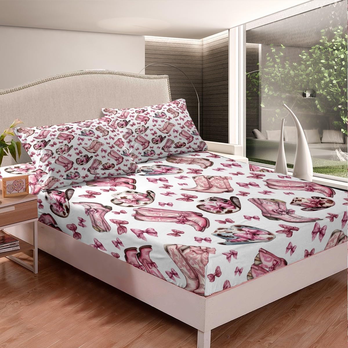 Cowgirl Bed Sheet Set Princess Style Bow Pink Bowknot Sheet Sets Deep Pocket(No Flat Sheet),Western Tribal Boots Rustic Brown Cowhide Print Caps Mattress Cover,Twin with 1 Pillowcase