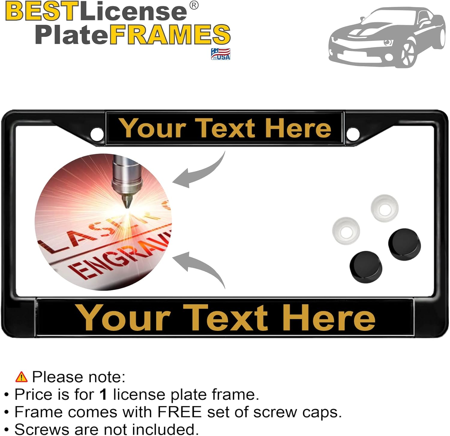 Custom Personalized Black Powder-Coated Metal Laser Engraved Standard Size - Car/Automobile License Plate Frame with Free caps - Black/Gold Text (Qty: 1 Frame)