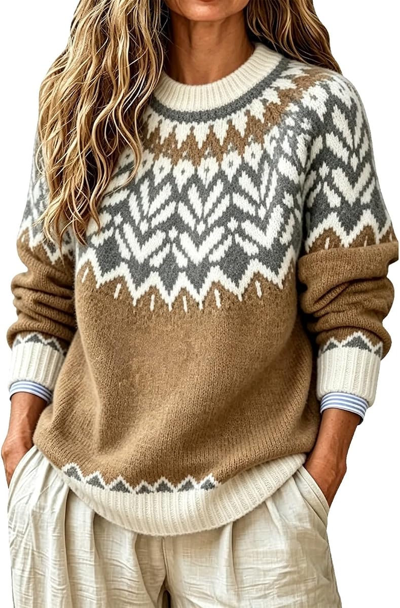 Fair Isle Sweater Women Vintage Knitted Pullover Mock Neck Sweater | Cozy Cute Fall Fashion Holiday Sweater,Casual Lightweight Raglan Sleeve Plus Size,Comfy Warm Fall Winter Jumper Tops 2026