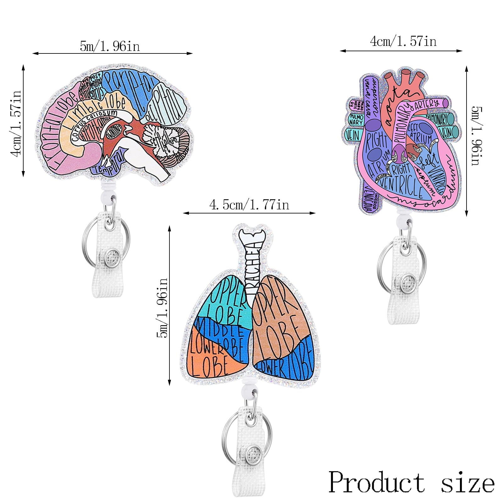 Obookey Nurse Badge Reel 3-Pack - Organ Themed (Heart, Brain, Lung), Retractable With Alligator Clip