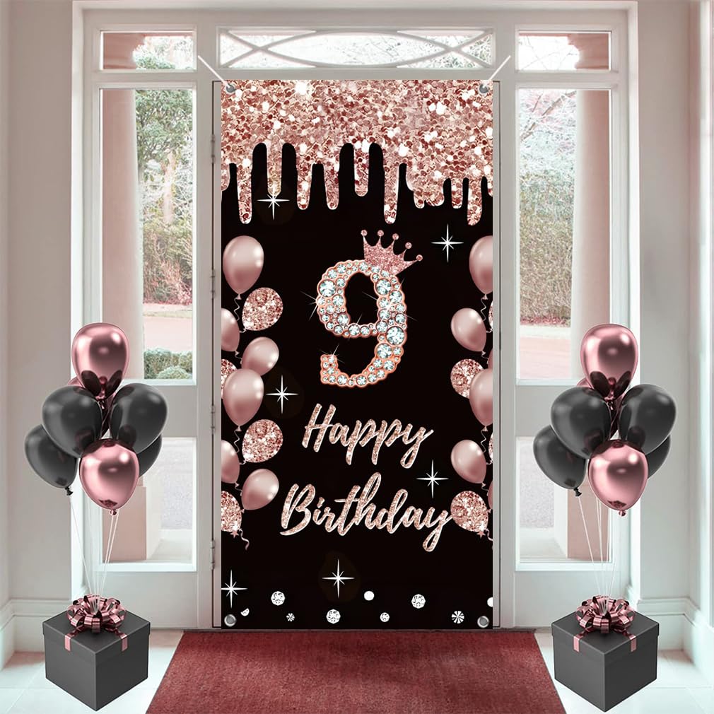 Bannière 9e anniversaire fille pour photo de fête et décoration de porte rose