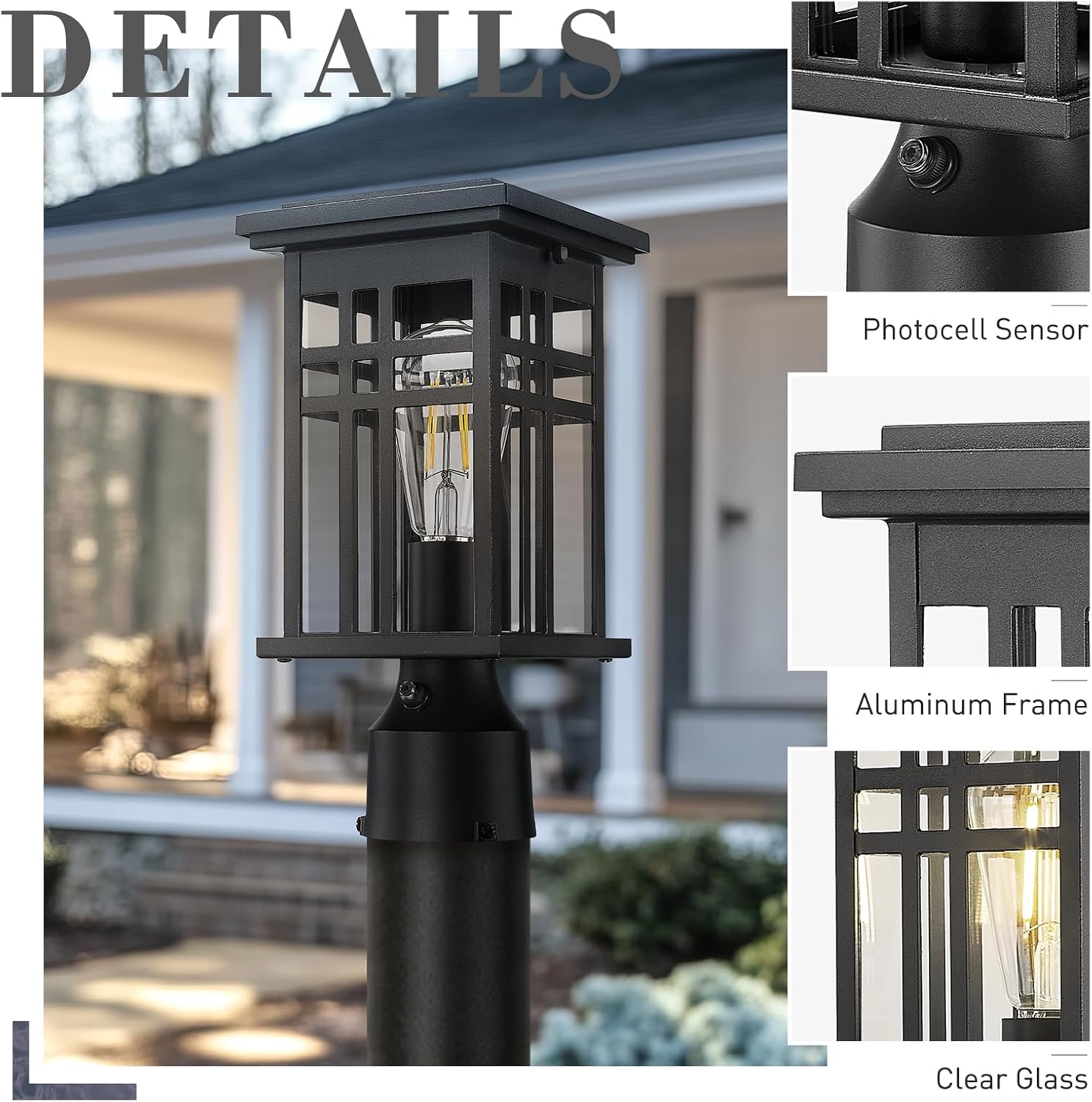 zeyu Modern Dusk to Dawn Outdoor Lighting, 12.2 Inch Small Lamp Post Light Fixture with Photocell Sensor, Outdoor Pole Lamp in Black Finish with Clear Glass Shade, 20068-P PC BK