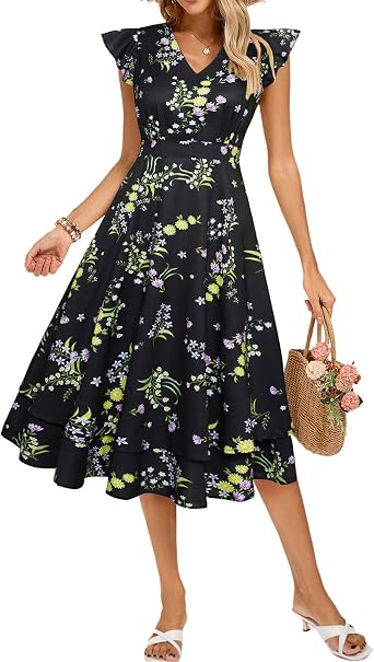 Kate Kasin Womens Dresses Summer Short Sleeve Ruffle Floral V Neck Flowy Aline Casual Tiered Wedding Guest Midi Sundress