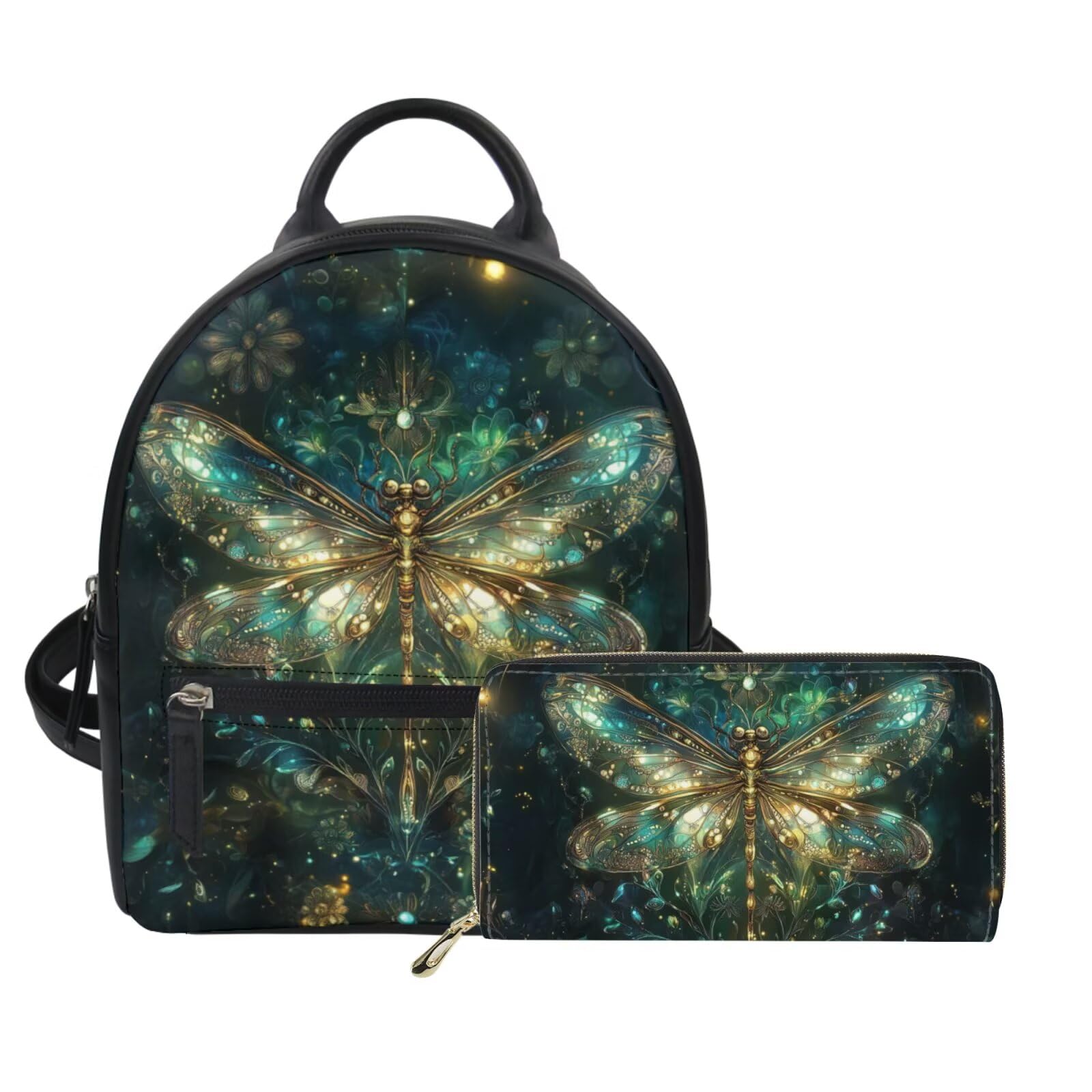 Freewander Aesthetic Dragonfly Backpack Purse and Wallet Set for Women Fashion Leather Backpack Mini Purses for Teen Girls Shoulder Bag Lightweight