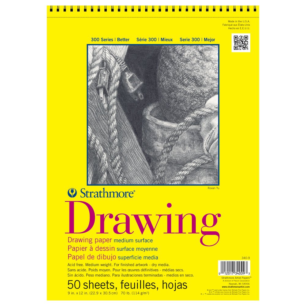 Strathmore 300 Series Drawing Paper Pad, Top Wire Bound, 9x12 inches, 50 Sheets (70lb/114g) - Artist Paper for Adults and Students - Charcoal, Colored Pencil, Ink, Pastel, Marker