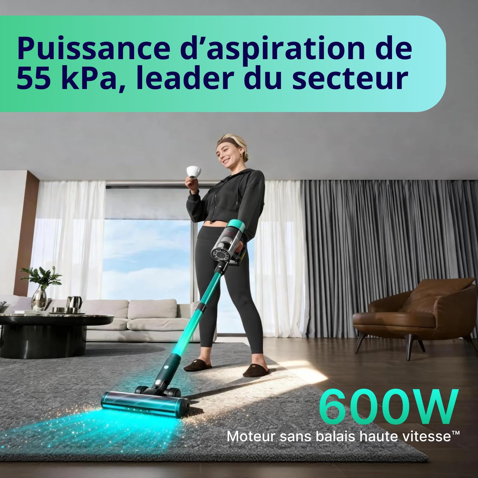 V5 Pro Aspirateur Balai sans Fil, 55Kpa/600W/80Min, Tuyau Flexible de 1 m