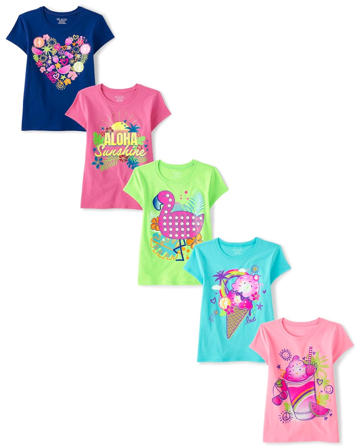 The Children's Place Girls' Trendy Icons Short Sleeve Graphic T-Shirts, Set of 5 1 The Children's Place Girls' Trendy Icons Short Sleeve Graphic T-Shirts, Set of 5