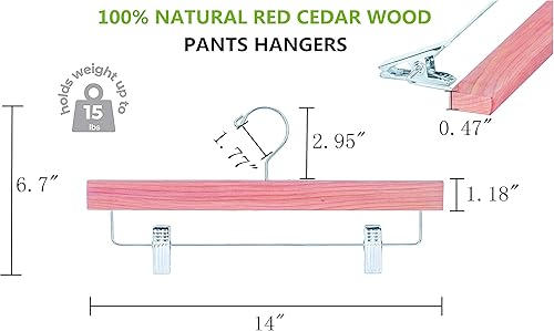 Miniatura 2 de Amber Home Paquete de 12 perchas para pantalones de madera de cedro rojo americano, perchas de madera de cedro natural con 2 clips ajustables,