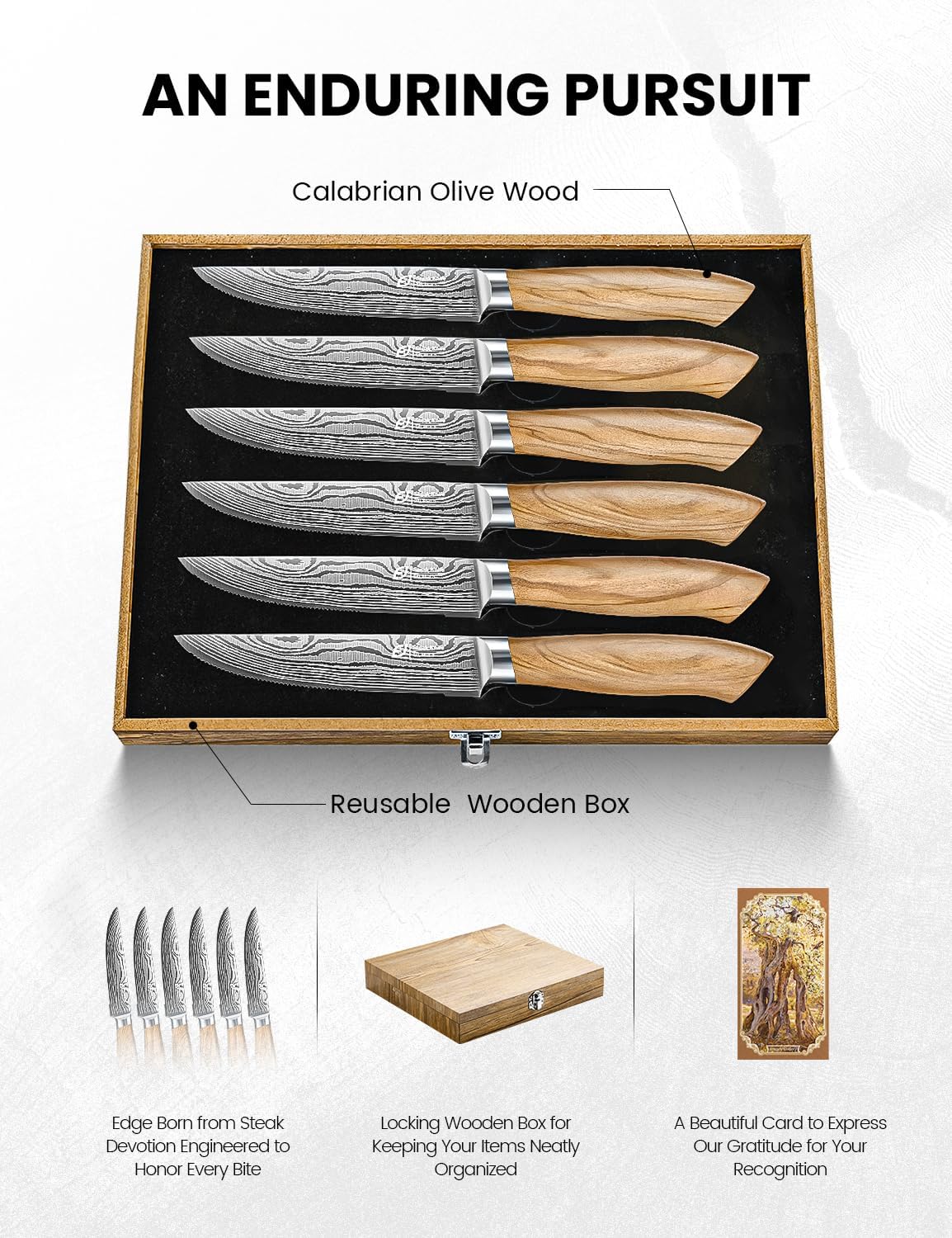 Emojoy Steak Knives Set of 6, 4.5 Inches Serrated Steak Knife Set, German Stainless Steel Kitchen Steak Knives with Original Olive Wood Handle and Wooden Gift Box