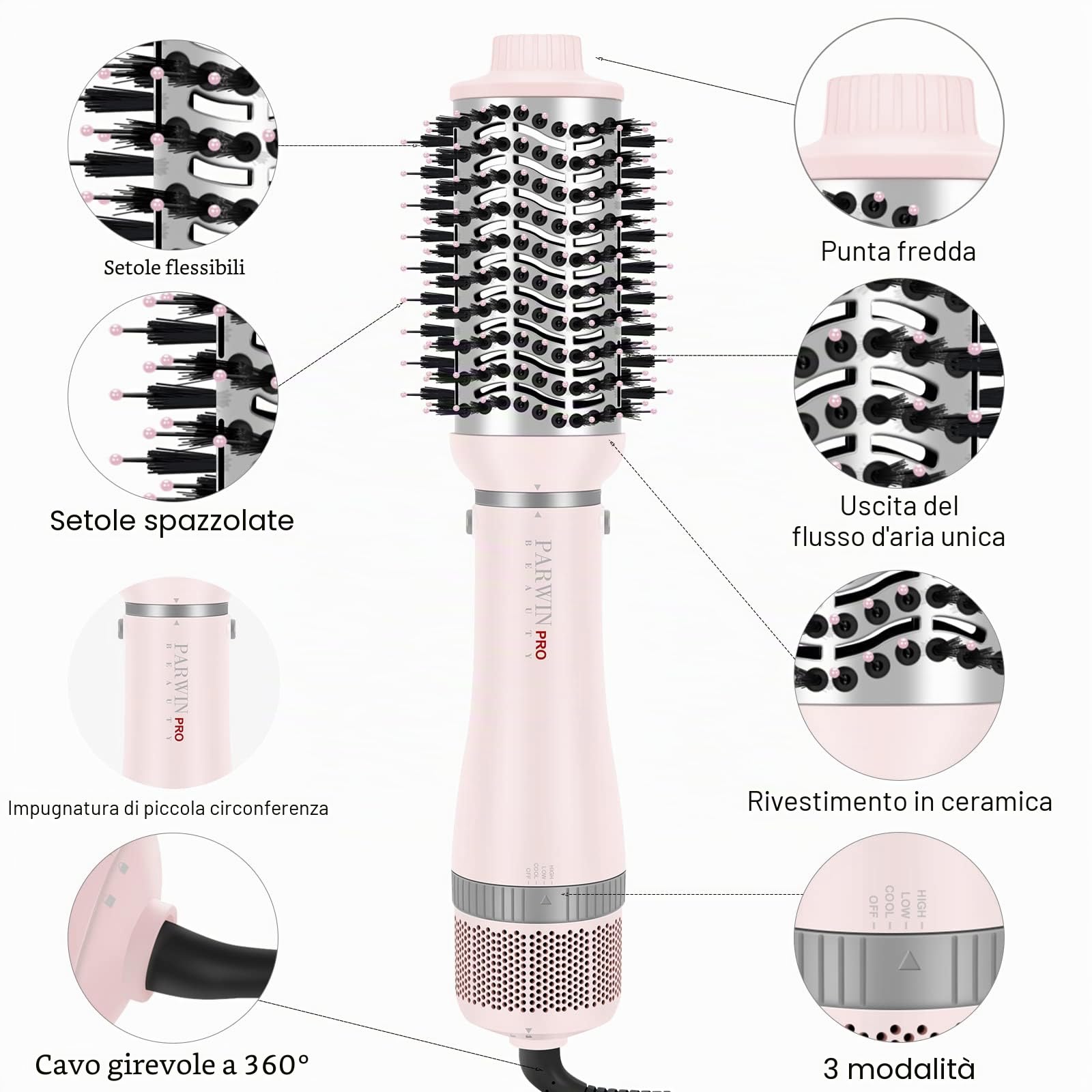 4 IN 1 Styler, Spazzola Asciugacapelli PARWIN PRO BEAUTY Spazzola Elettrica per Capelli, Spazzola ad Aria Calda, Spazzola Phon per Capelli, 4 allegati, Lisciante, Volumizzante, Asciugare, 1000W, Rosa