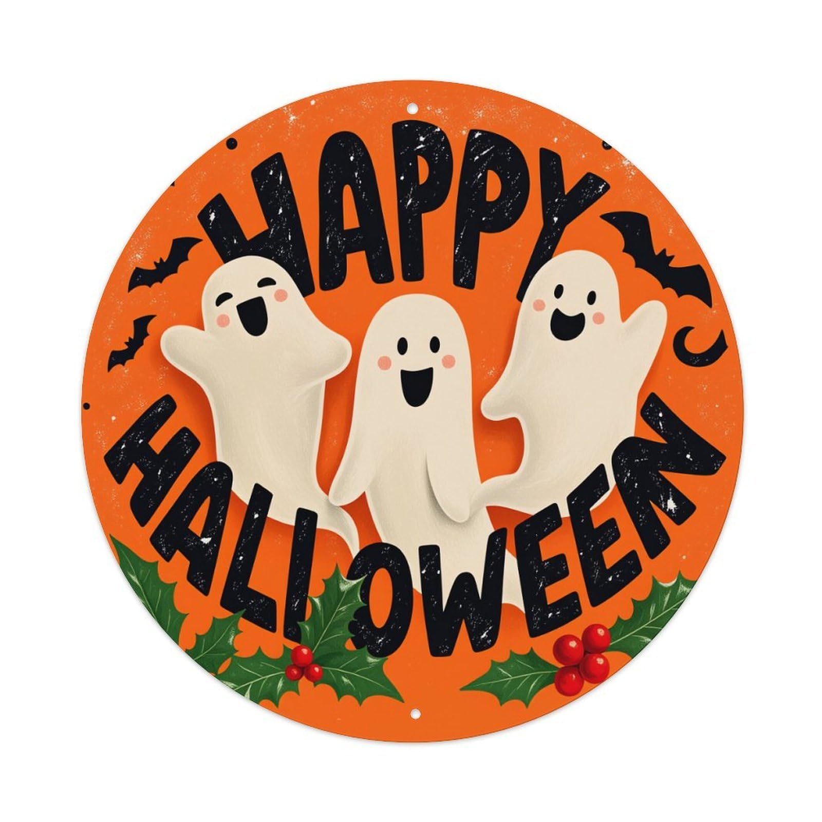 Happy Halloween Ghosts Bats Holly Round Tin Sign Vintage Metal Poster Retro Bar, Home, Man Cave, Kitchen, Laundry Room Wall Art Decor Gift 8x8In