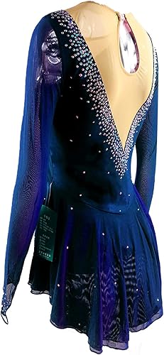 Miniatura 3 de LIUHUO Vestido de patinaje artístico sobre hielo para niñas, malla elástica, mangas de gancho de diamante, cuatro