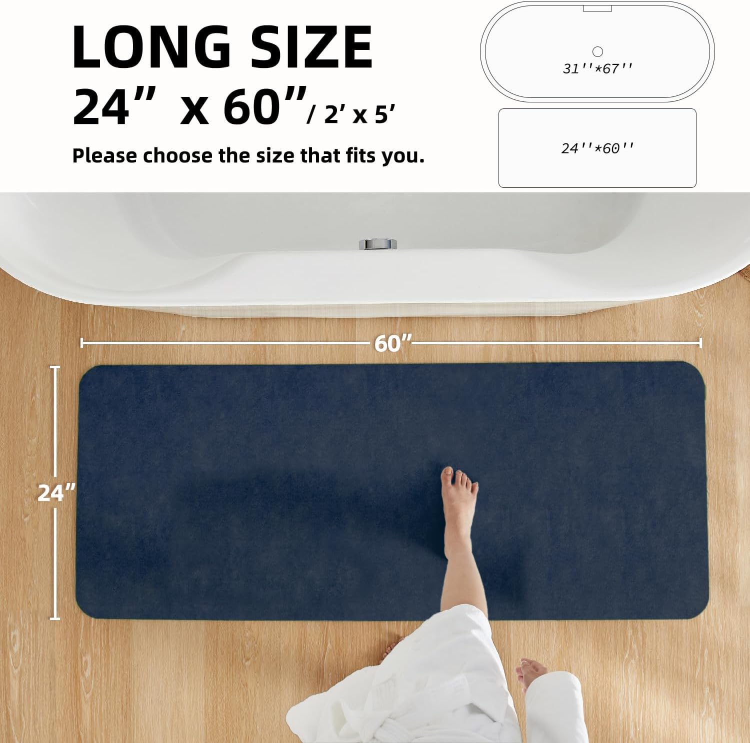 bathroom mat quick dry, bathroom rugs non slip washable thin absorbent bath mat fits under door bathroom floor mat perfect for bath, shower, or sink 24"x60" navy blue navy 2' x 5' (rectangular)