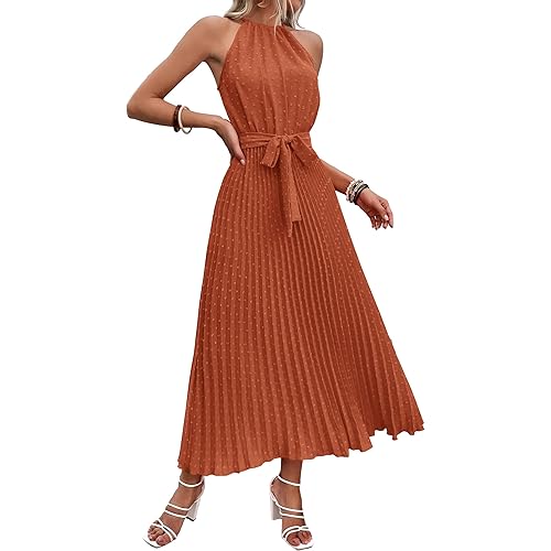 PRETTYGARDEN Women's Midi Summer Dresses Casual V Neck Swiss Dot Ruffle Sleeveless A Line Beach Sun Dress