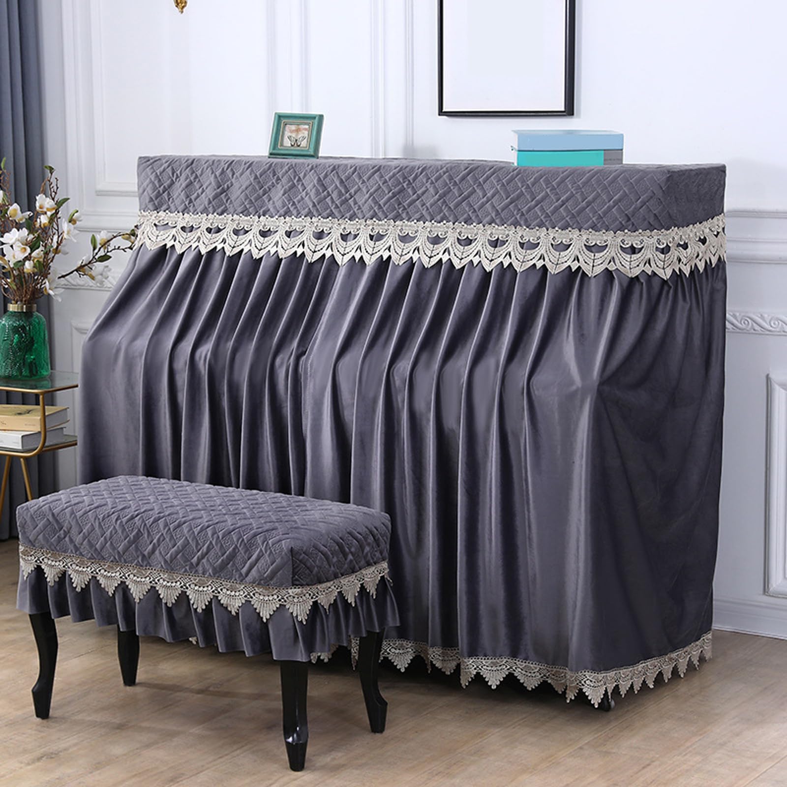 Zeihyeurus Dark Gray Upright Piano Cover,Household Dustproof Piano Cover,Protective,Block Sunlight,Moisture,Dust,Soft Bordered,Stool Cover,Easy To Install,For Home,Music Schools