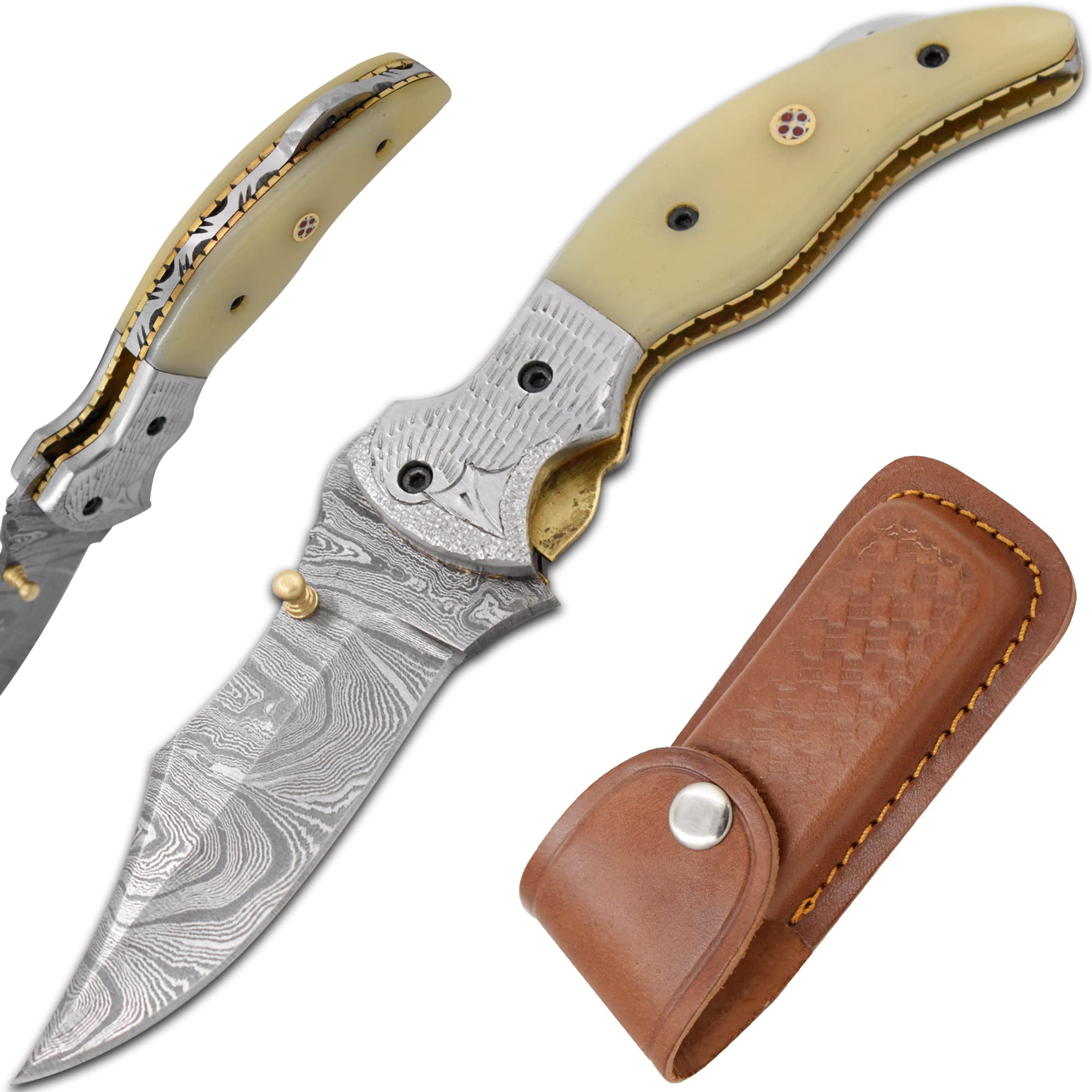 Wild Turkey Handmade Real Damascus Steel Manual Folding Pocket Knife Comes With Leather Sheath