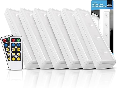 Brilliant Evolution Paquete de 6 luces LED inalámbricas para debajo del gabinete, con 2 controles remotos, luces alimentadas por batería,