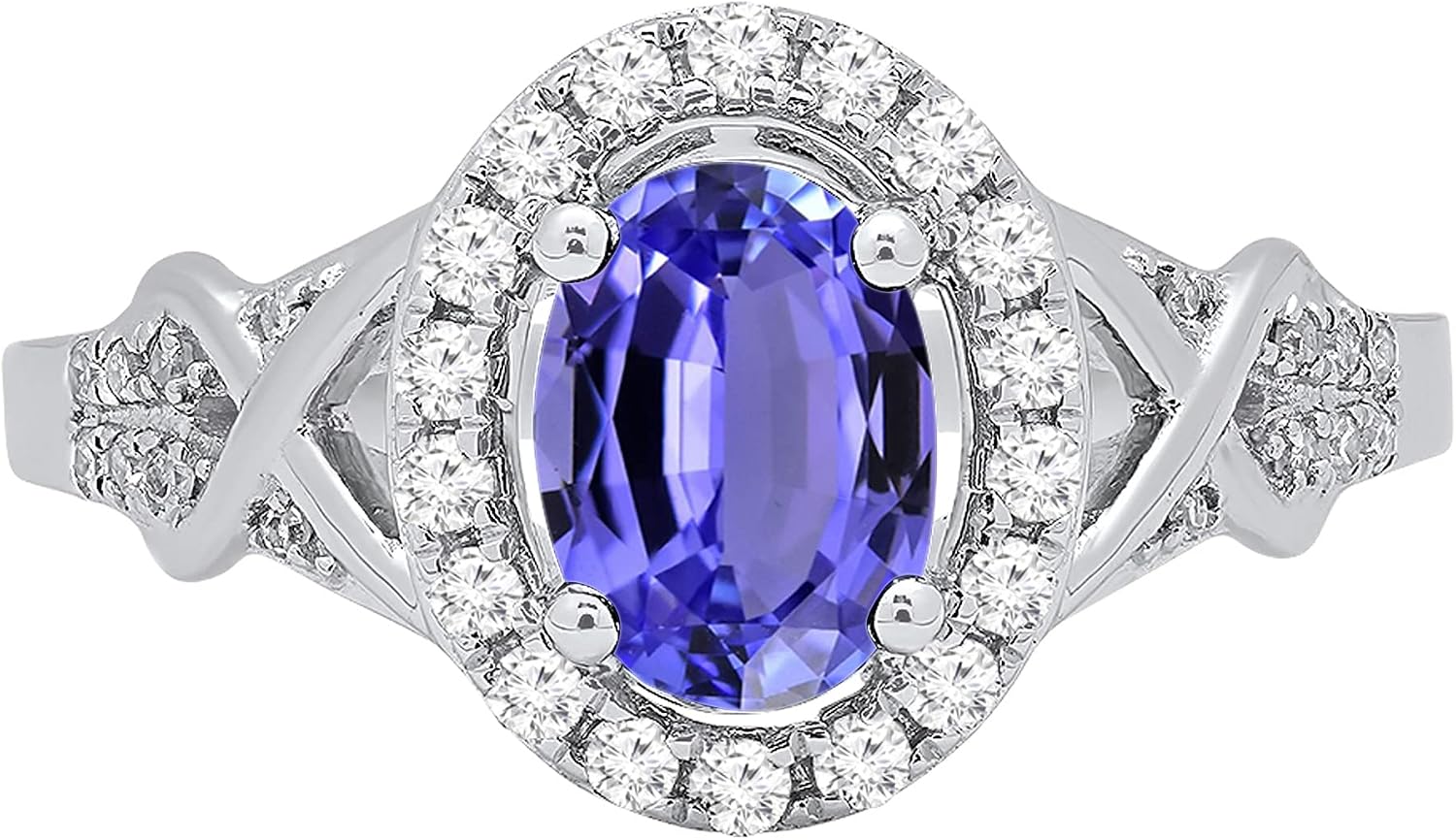 Dazzlingrock Collection 7x5mm Oval Tanzanite & Round White Diamond Split Shank Halo Engagement Ring for Women in 10K Solid White Gold, Size 5