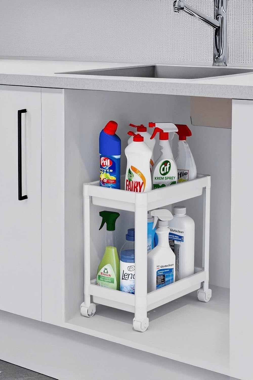 Sas Haus Flex Elite Pro 2 Katlı Beyaz Tekerlekli Çok Amaçlı Banyo & Mutfak Düzenleyici Raf - Evye Altı Raf Beyaz 40 X 35