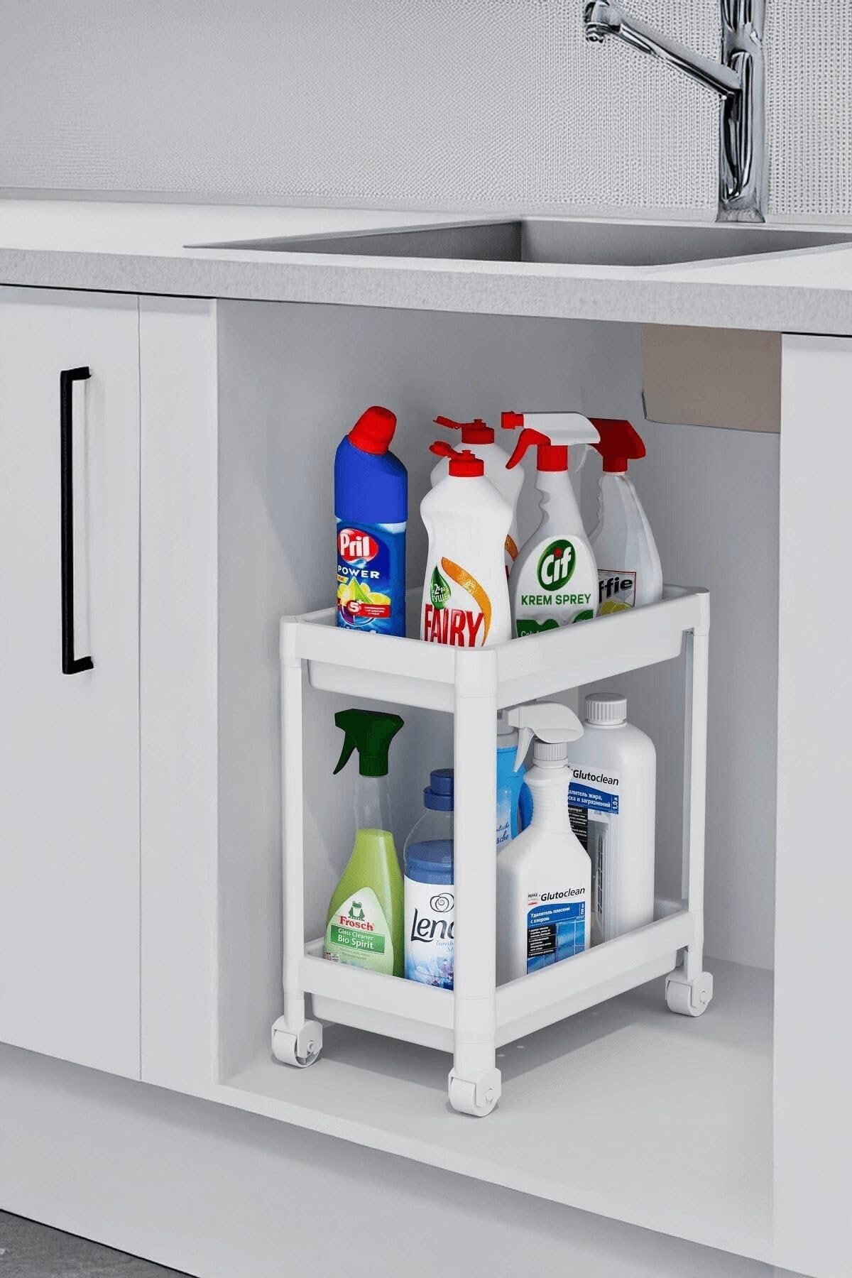 Sas Haus Flex Elite Pro 2 Katlı Beyaz Tekerlekli Çok Amaçlı Banyo & Mutfak Düzenleyici Raf - Evye Altı Raf Beyaz 40 X 35