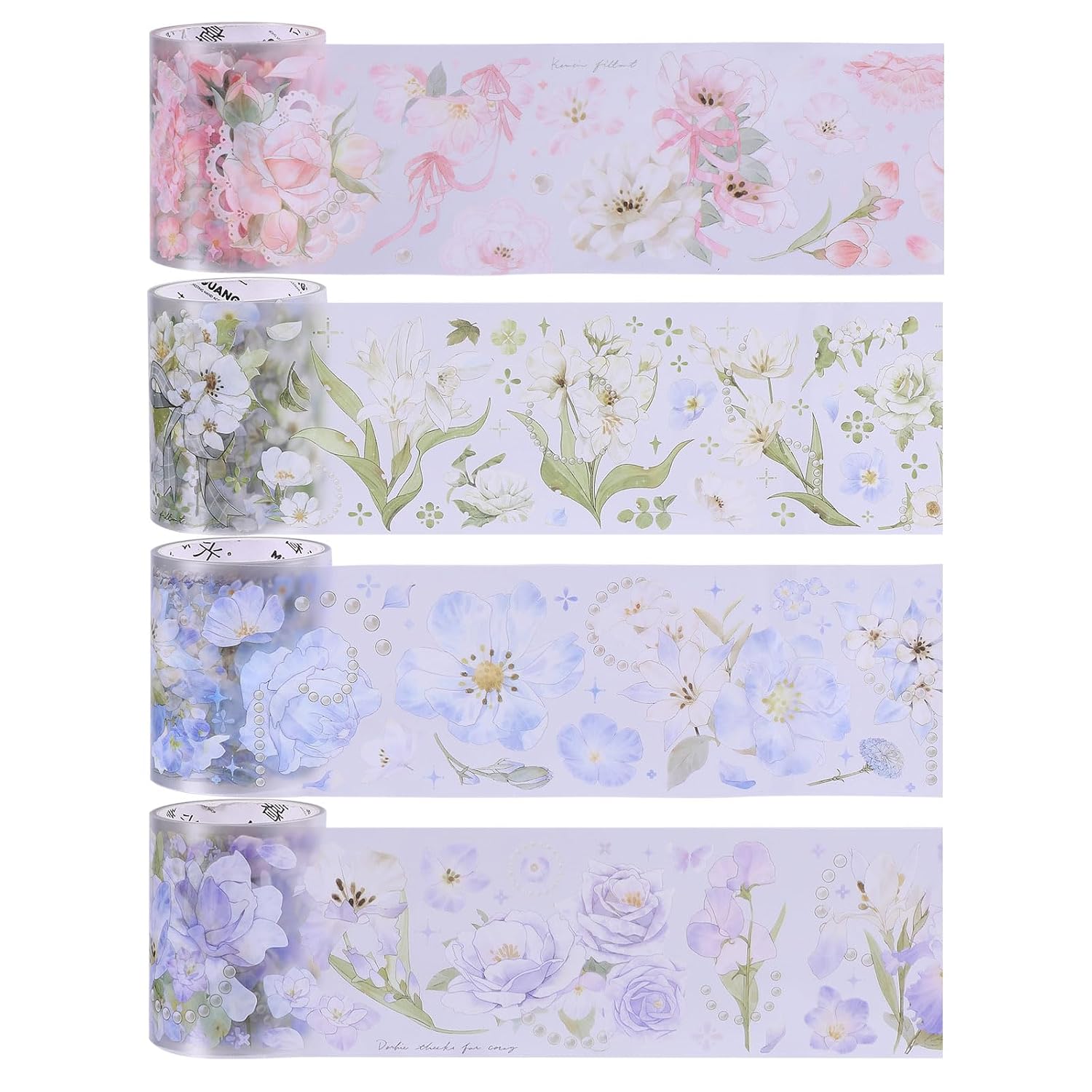 CHGCRAFT 4 Rolls 4 Style Flower Decorative Tape 50mm Wide Floral Printed Masking Tape PET Decorative Stickers Self Adhesive for DIY Scrapbooking, 8M, Four Seasons Flowers