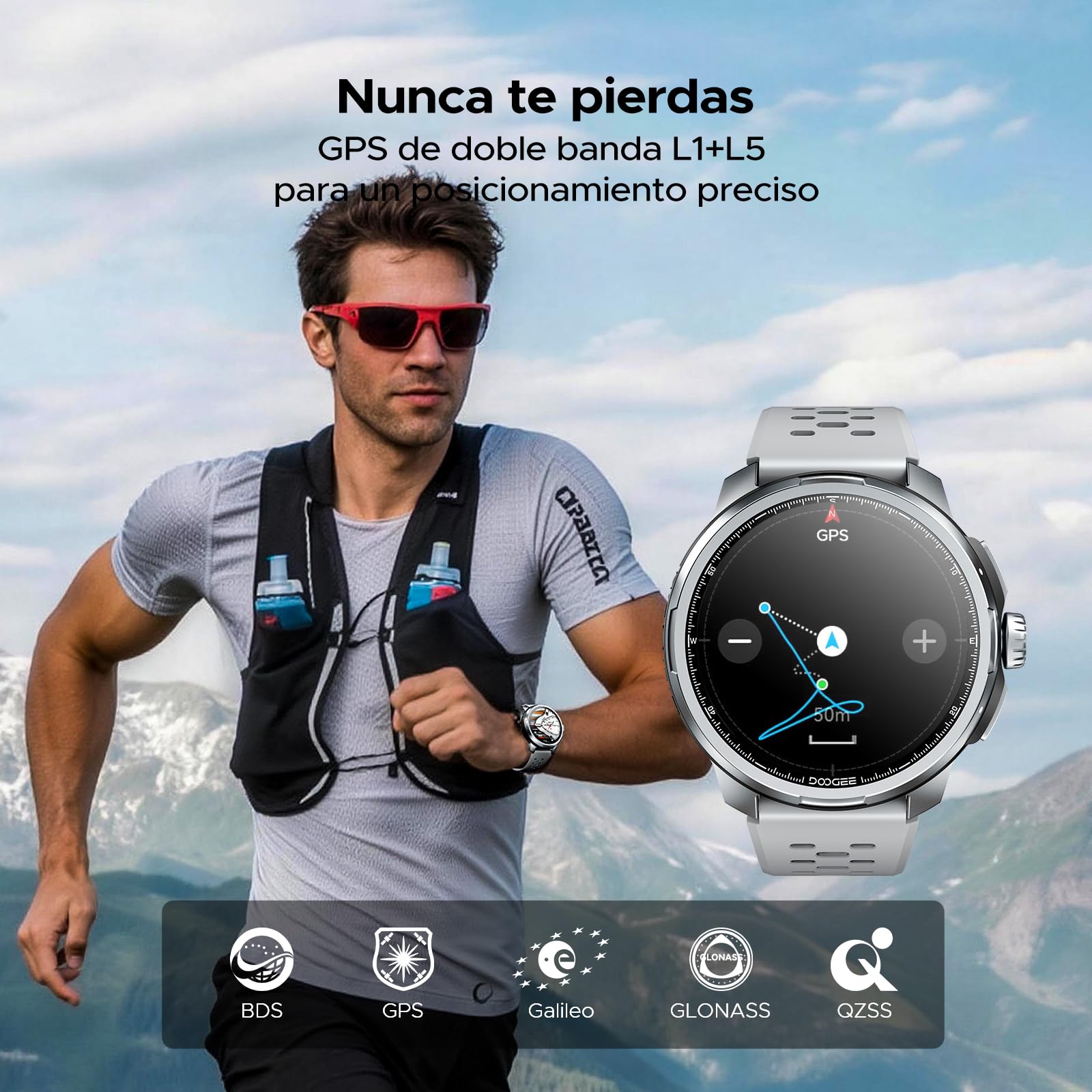 DOOGEEco Anymoving M1 Reloj Inteligente Hombre y Mujer, Smartwatch con IA, GPS de Doble Banda (5ATM y IP68), Gran Pantalla AMOLED de 1,5'', Autonomía 20 Días, 170+ Modos, Con 3 Correas de Regalo