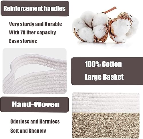 Miniatura 4 de Cesta de almacenamiento extragrande, cesta de lavandería de 80 litros con asas, cesta de cuerda tejida de 22 x 17 x 13 pulgadas, cesta de