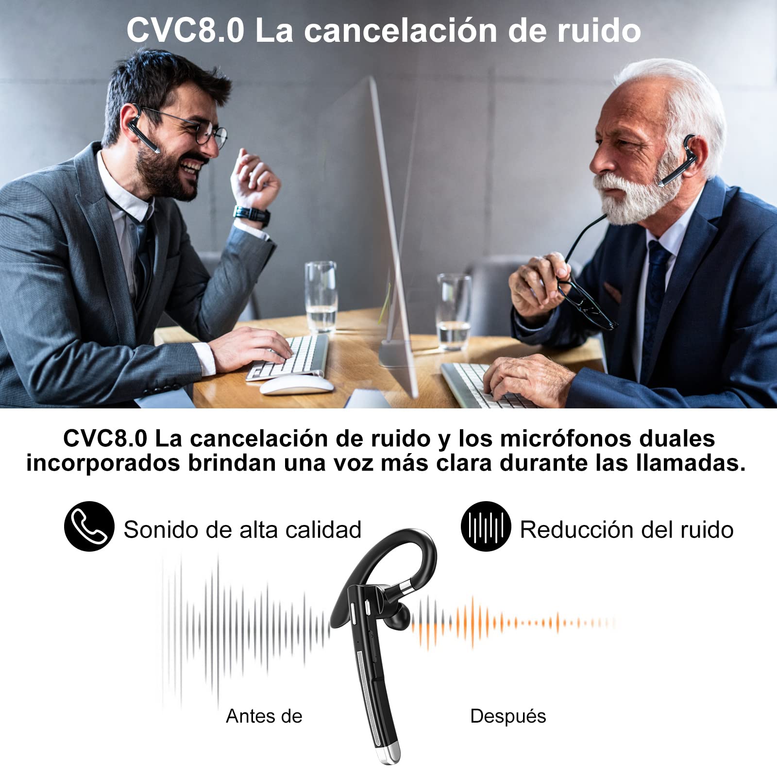 Manos Libres Auricular Bluetooth Auricular inalámbrico Bluetooth Mano Libre con HD CVC8.0 Micrófono Dual Cancelación de Ruido Manos Libres Auricular Bluetooth