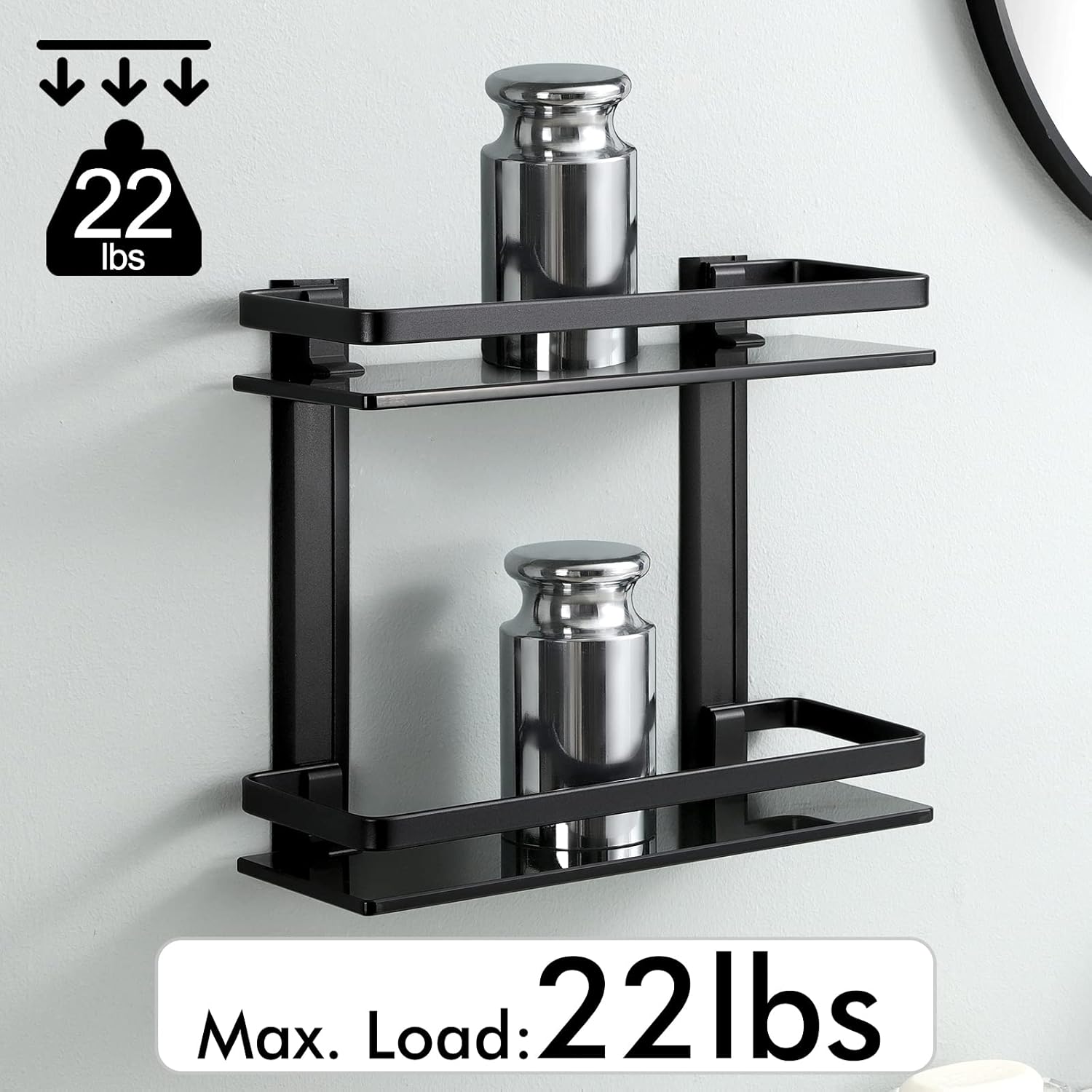 KES 2 Tier Bathroom Glass Shelves, Black Extra Thick Tempered Glass Rectangular, Aluminum Double Shelves Wall Mounted, BGS4126B-BK