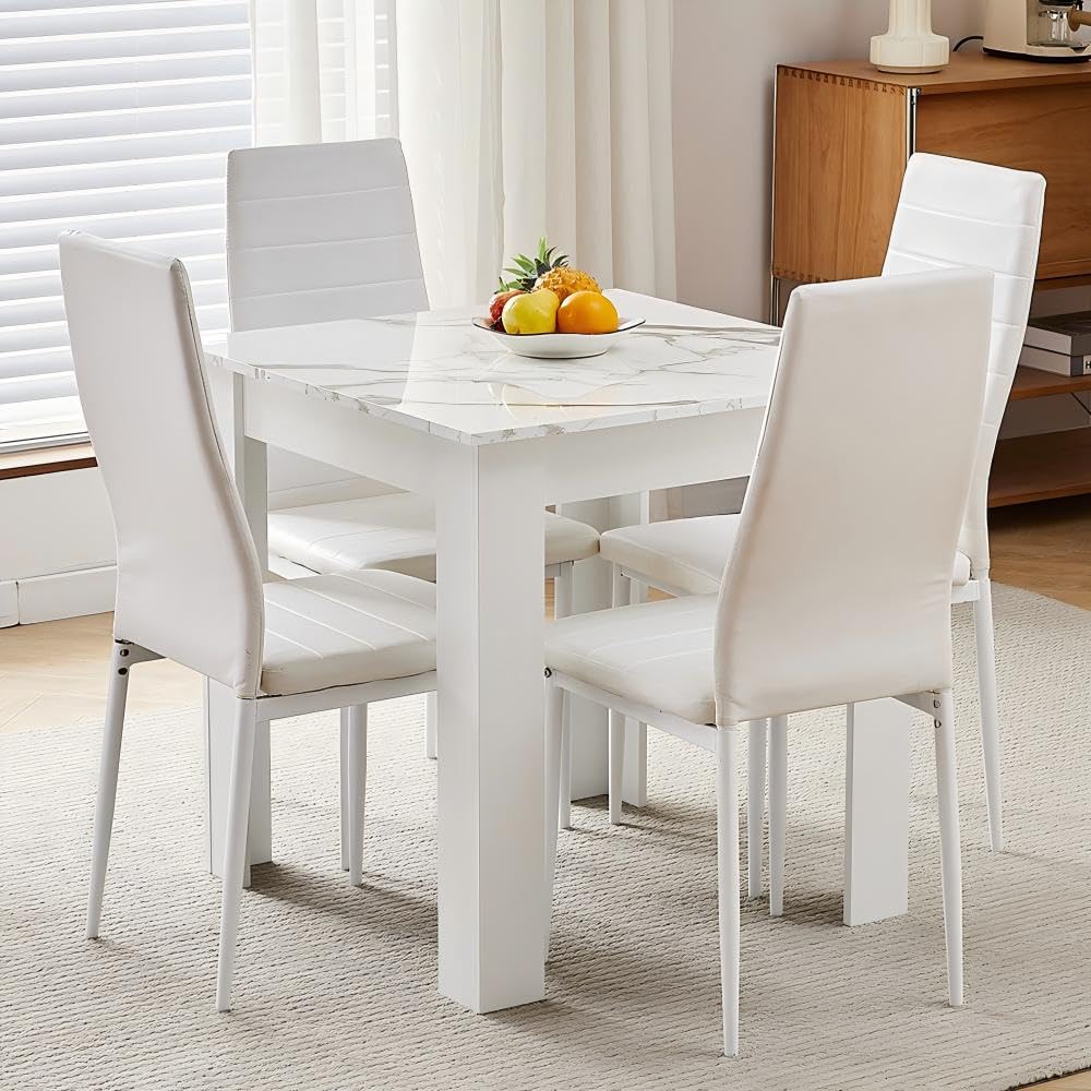 75x75 cm Small Dining Table and 4 Chairs, 4 Seater Table and Chairs Set Kitchen Dining Room Set for 4, Compact, Space Saving, Wooden, Glossing Tabletop Marble-White (4 Seats, PU Eggshell White)