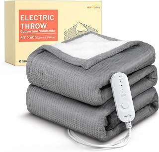 HOMLYNS LuxeHeat Electric Heated Blanket Throw 50x60 Grey - Soft Flannel Sherpa, 5 Heat Settings, Fast Heating, 3-Hour Auto Shut-Off, Machine Washable