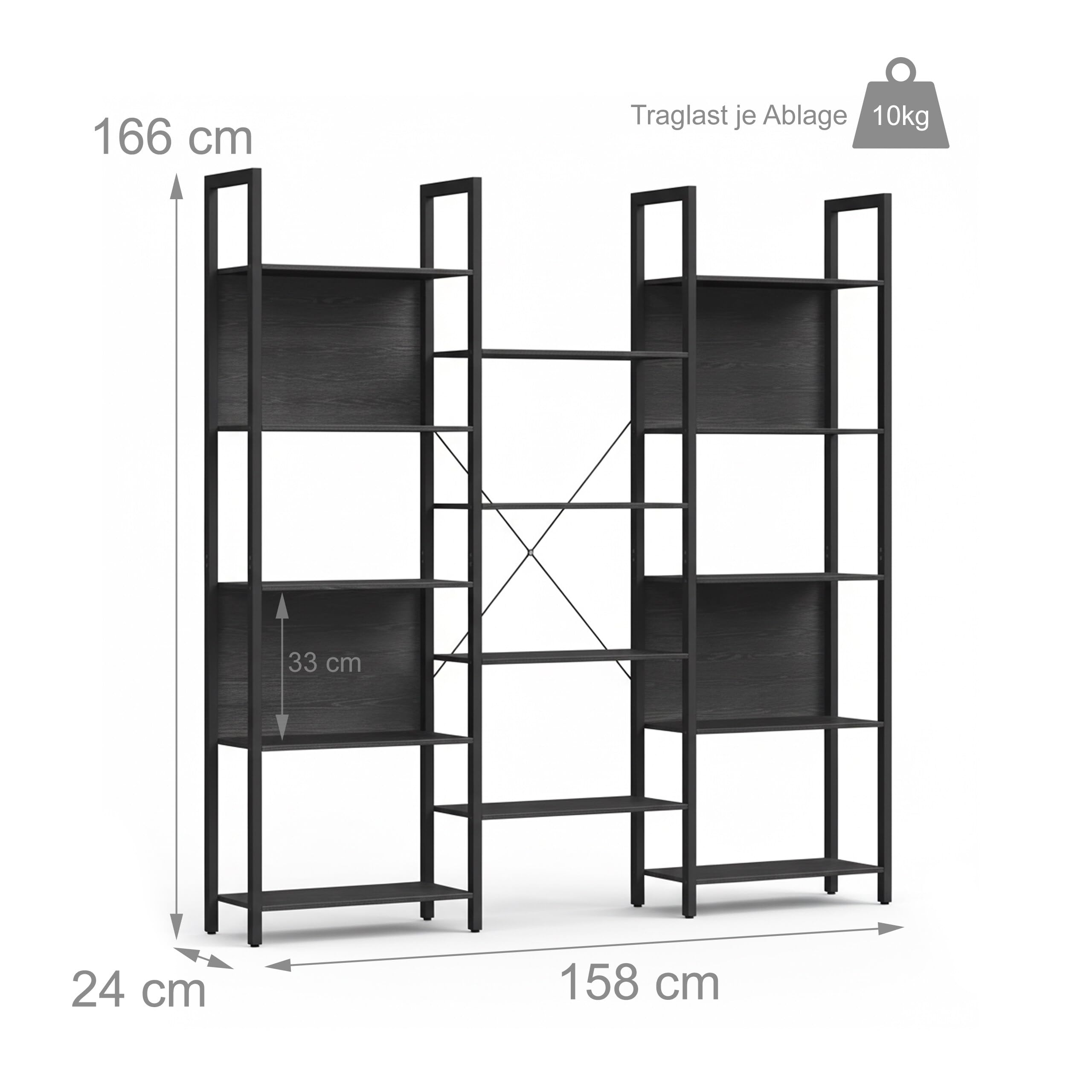 Relaxdays Industrialny regał na książki, 14 półek, wygląd drewna i metal, regał stojący do salonu, biura, wys. x szer. x gł.: 166 x 158 x 24 cm, czarny