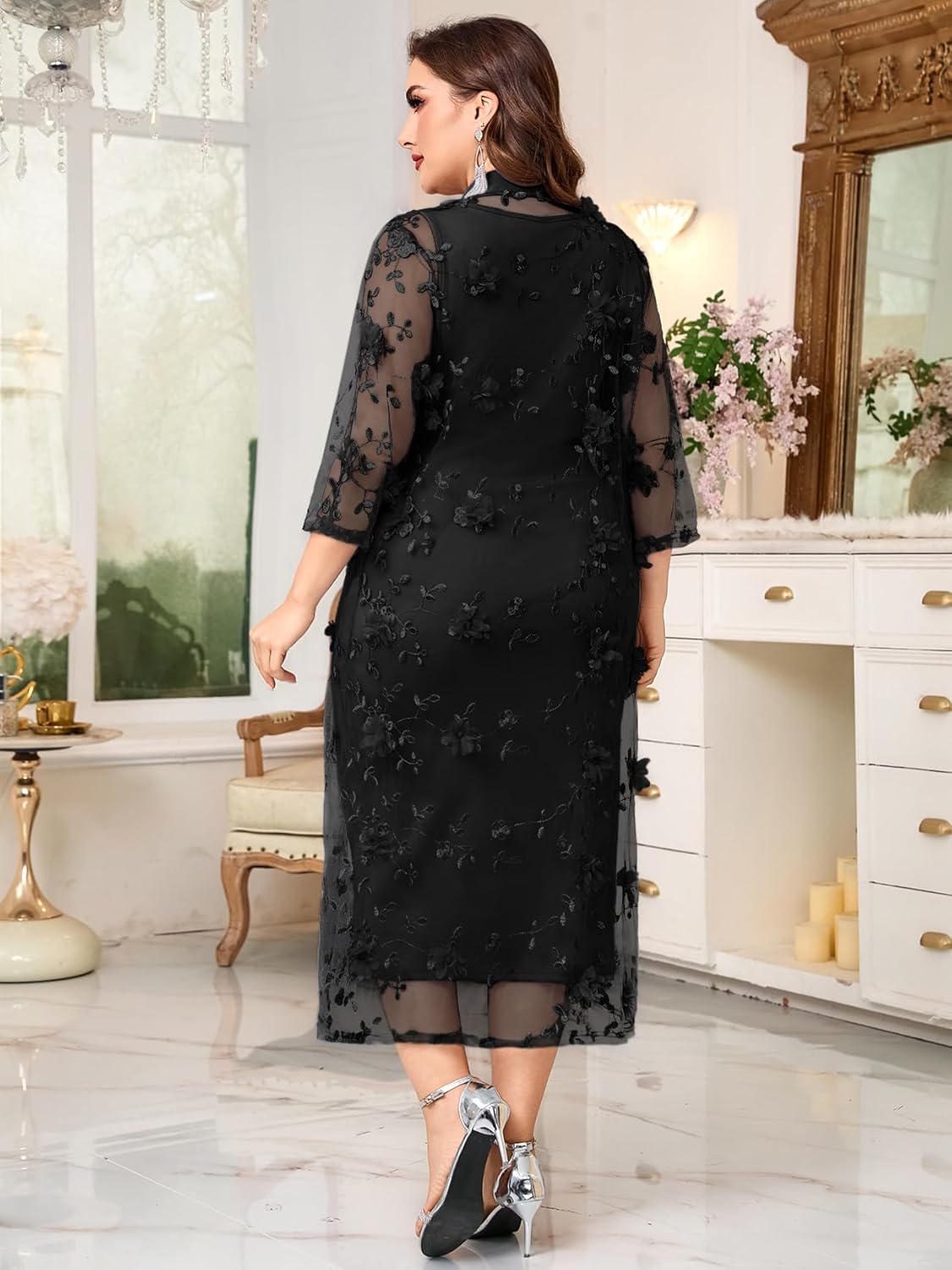 Plus Size Mother of The Bride Formal 2 Piece Dress Set with 3D Floral Mesh Jacket Dressy Suit Outfits Guest - Image 3