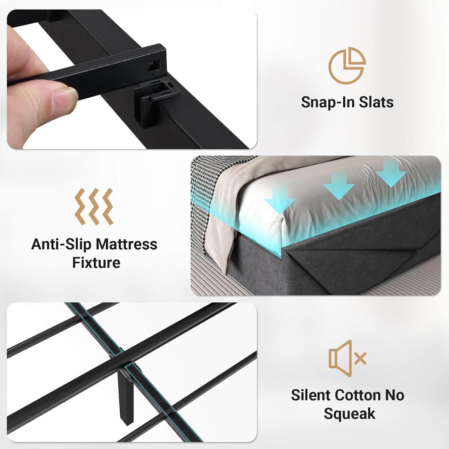 Close-up images showing snap-in slats, anti-slip mattress fixture, and silent cotton for noise reduction.