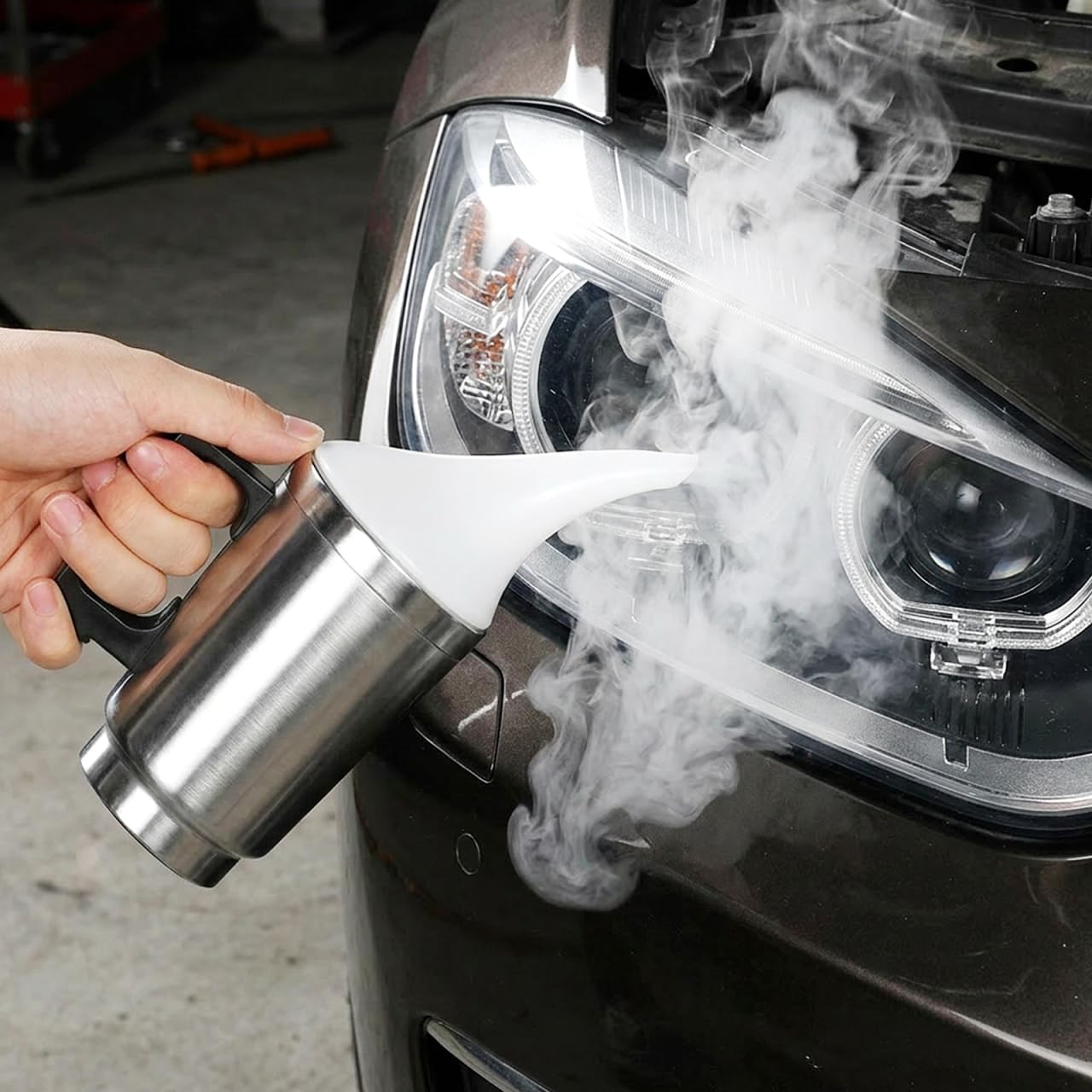 iplusmile Kit Rénovation Phare Voiture Vapeur Polymérisation, Bol Atomisation Chauffant pour Restauration Optiques Opaques et Rayures, Outil Polissage avec Adaptateur Secteur (Sans Liquide)