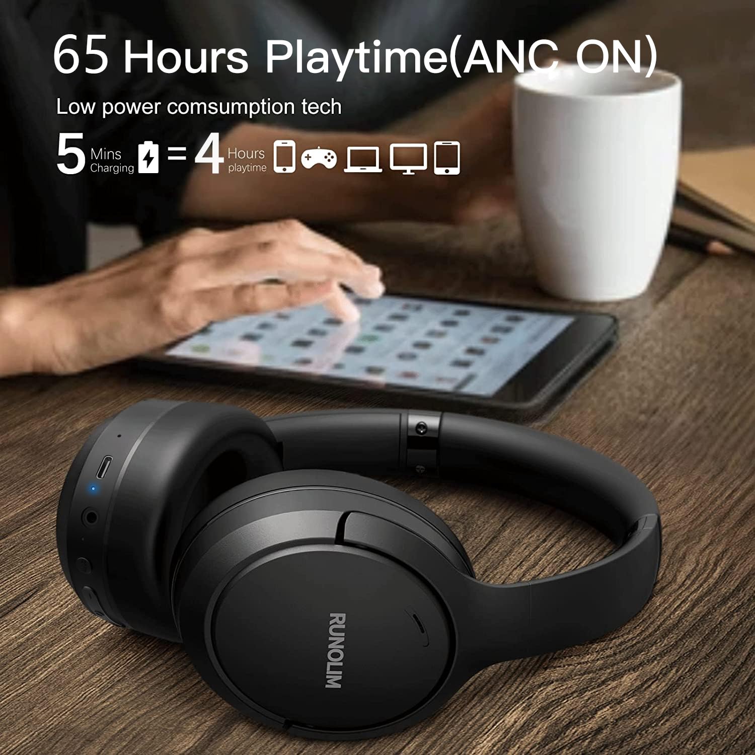 RUNOLIM Active Noise Cancelling Headphones, Wireless Bluetooth Over Ear — Amazon image 3