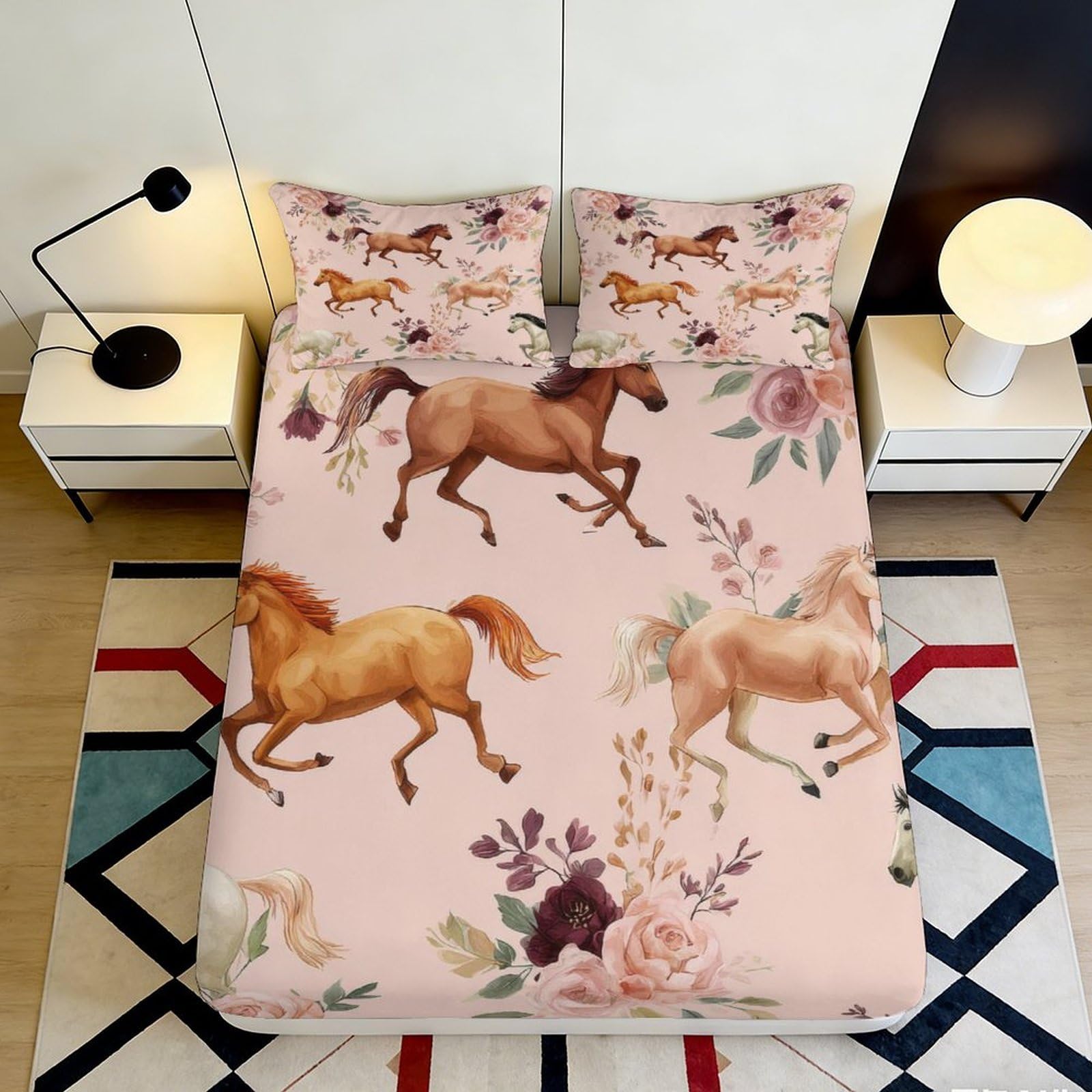 3D Printed Running Horse Fitted Sheet Microfiber Pink Floral Mattress Cover Anti-Slip Machine Washable for Bedroom Guestroom Decor 90x200x25cm