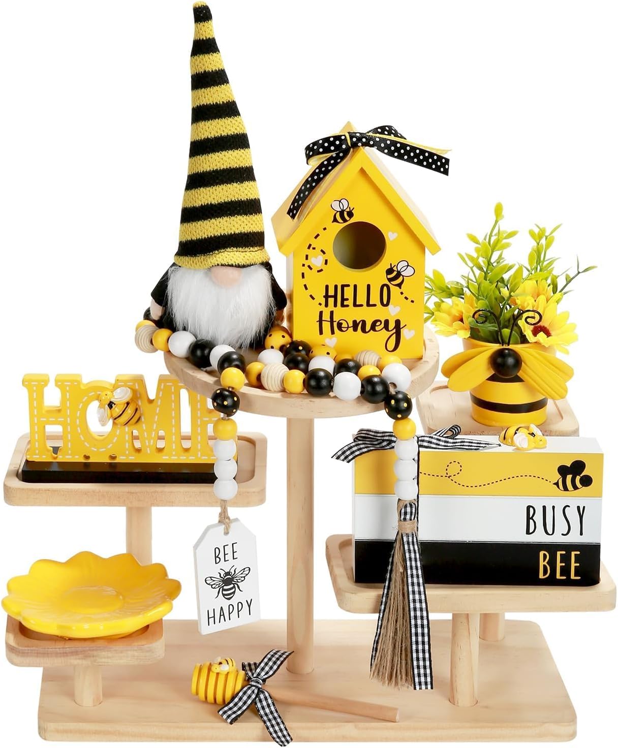 Spring Decorations 8 Pcs Bee Tiered Tray Decor Set, Summer Bumble Bee Décor for Kitchen Shelf Mantel Farmhouse Tabletop Spring Summer Decorations for Home Office Indoor Beehive Gnome Decorative Bundle