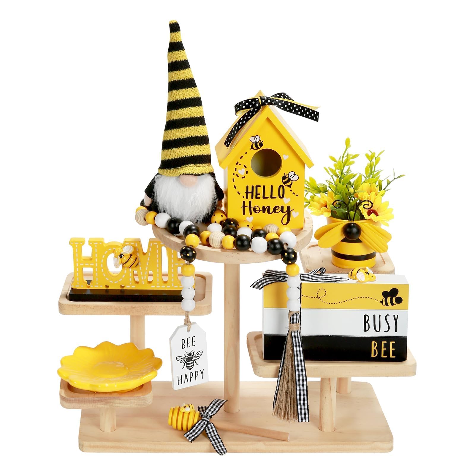 Bee Tiered Tray Decor Set, Farmhouse Honey Bee Tabletop Decorations, Hello Honey Gnome Sign with Wooden HOME Letter & Busy Bee Block, Spring Summer Kitchen Shelf Mantel Decor