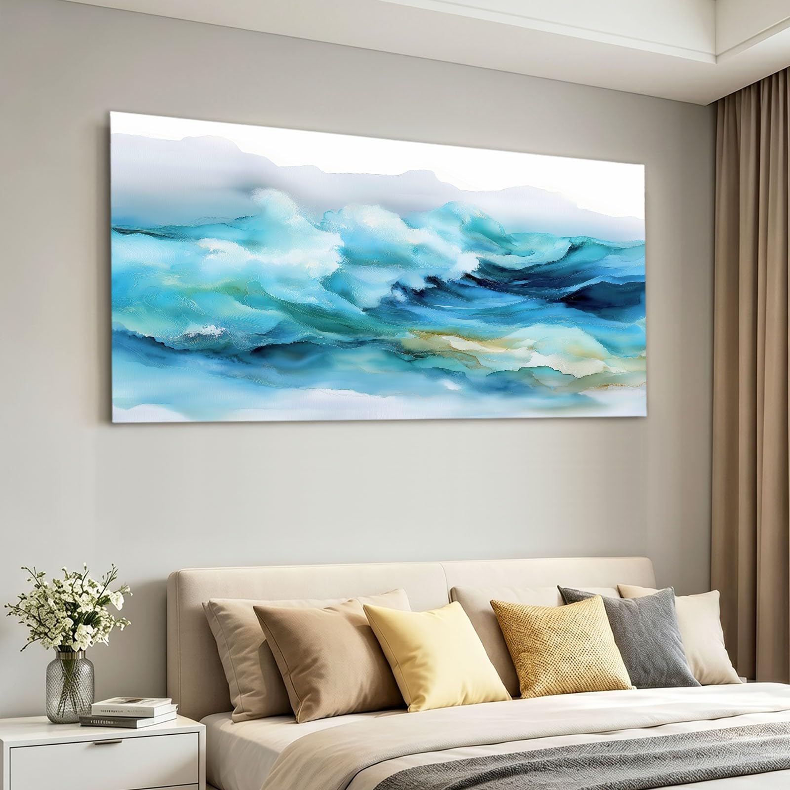 Leinwandbild 120 x 80 cm Leinwandbilder mit Abstrakt, Bild auf Leinwand - Kunstdruck auf Canvas, Bilder Wanddeko für Wohnzimmer, Schlafzimmer, Esszimmer, Berge Wellen Wolken Blau