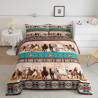 Horse Themed Comforter Set for Girls,Rustic Farmstyle Bedding Western Farm Animal Horse Print Duvet Insert, Boho Indian Exotic Tribal Geometry Quilt Bohemian Southwestern Native Aztec Bedding Queen