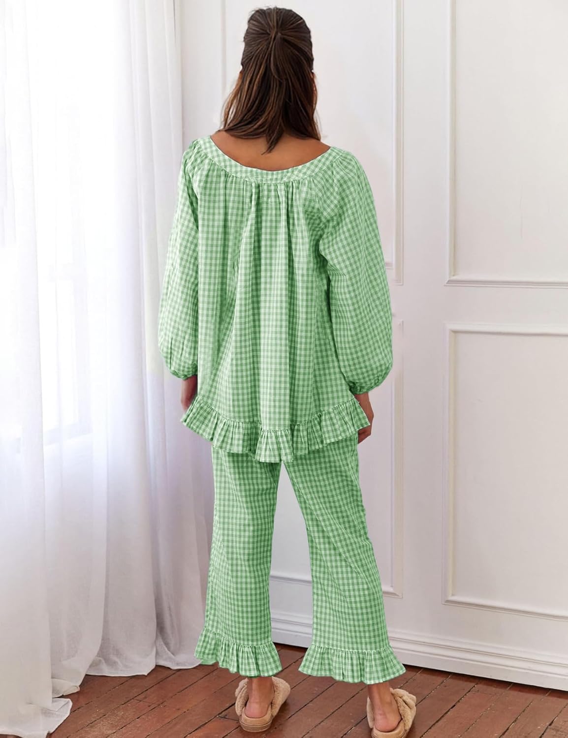 Flygo Womens Plaid Pajamas Sets 2 Piece Cotton Pj Set Puff Sleeve Ruffle Babydoll Shirt Gingham Pants Lounge Sets - Image 3