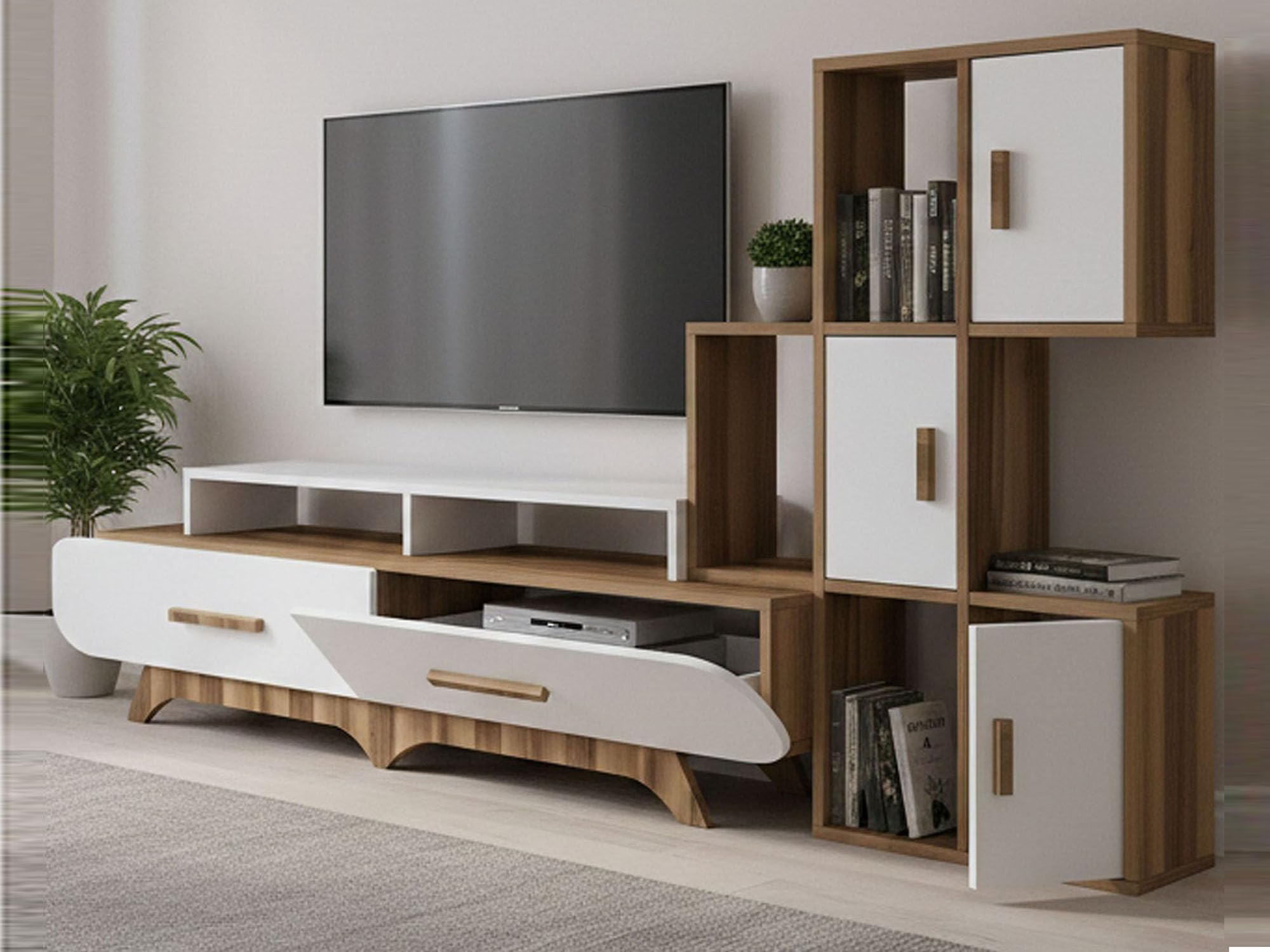 Dmora - Parete attrezzata Zephyria, Composizione soggiorno, Mobile salotto multiuso, Armadio porta TV, 205x37h50 cm, Noce e Bianco