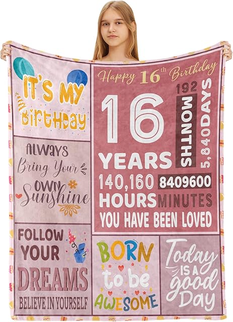 BTZO 16th Birthday Gifts for Girls,Happy 16th Birthday Blanket,16 Year Old Girls Boy Gift Ideas,16th Birthday Decorations Throw Blanket for Teen Daughter Granddaughter Sister Niece 50"x60"