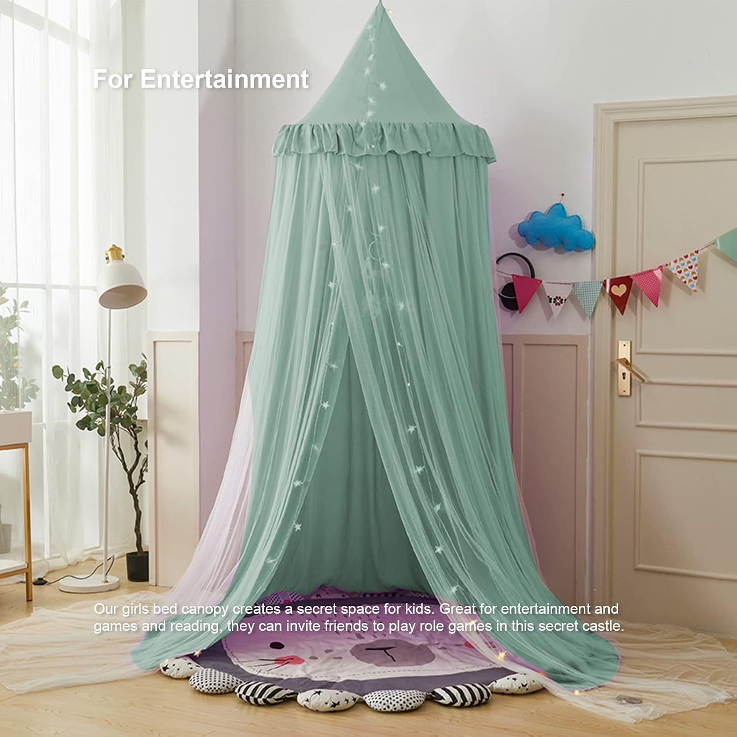 Bed Canopy for Girls, Double Layer Dome Mosquito Net Princess Canopy for Girls Bed Room Decor Reading Nook (Green)