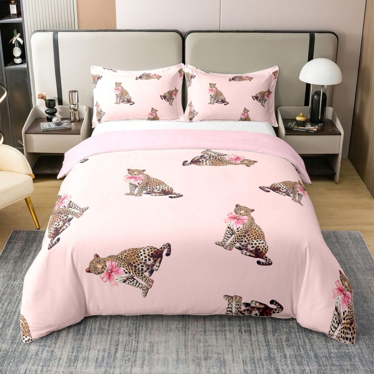 Homewish Modny Leopard Podwójny Zestaw Pościeli Różowe Kokardki Bawełniana Poszwa Na Kołdrę Afrykański Dziki Gepard Poszewka Na Kołdrę Preppy Y2K Estetyczne Zestawy Łóżek