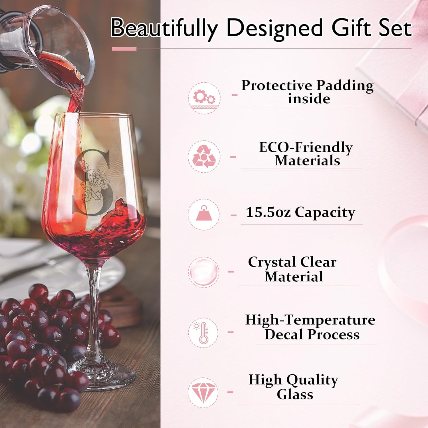 Personalized Wine Glass Gifts for Women, Monogrammed A-Z Wine Glass with Gift Box & Greeting Card, Customized Wine Glasses Initial Wine Glasses Gift for Birthday, Mothers Day, Best Friend, Sister (S) - Image 6