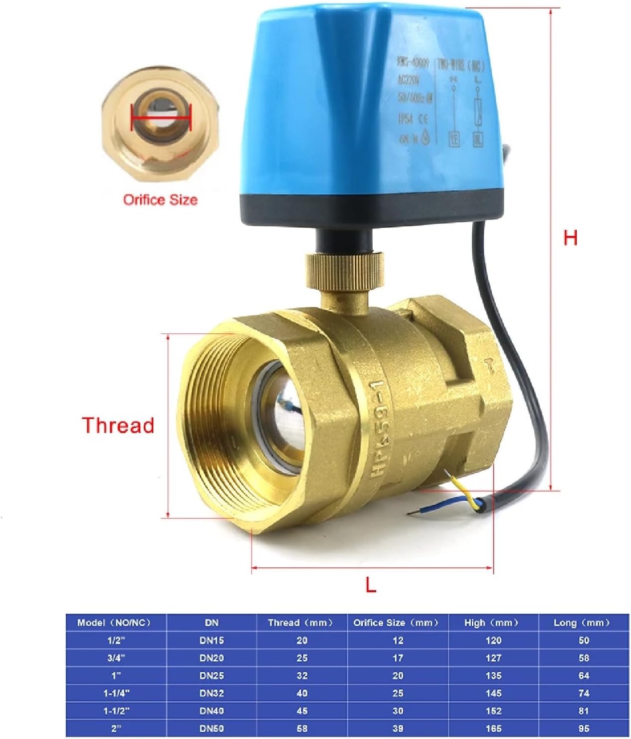 Motorized Ball Valve, Brass, 1/2" to 2", Normally Closed or Open, 12V 24V 220V, 2-Wire Electric Actuator for Water Flow Control (3/4" AC220V Nomally open)